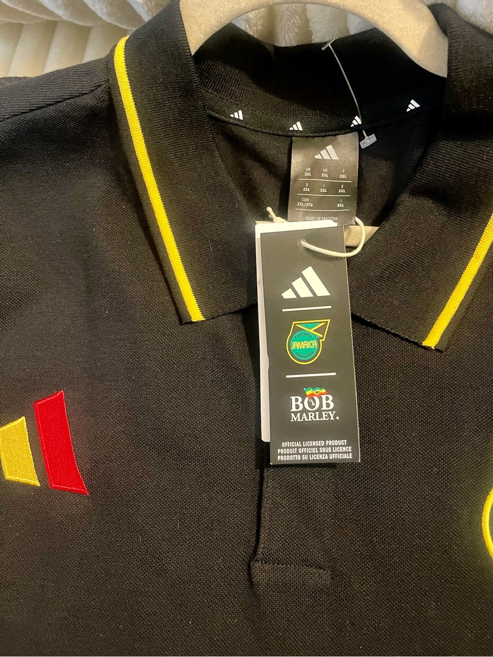 Adidas x Bob Marley Black Polo Shirt w/ Yellow, Green Trim - Jamaica Collab